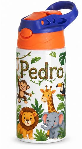 Botella Infantil Personalizada con Foto y Texto - Boquilla de silicona y boton de apertura - 500 ml de capacidad - Regalo Original - Botella Personalizada - Botella de agua niños (Naranja/Violeta)