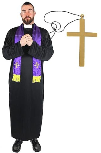 Mens Priest Costume - XX-Large - Black Robe, Purple Clerical Scarf and Gold Cross - Adults Halloween Fancy Dress Costume