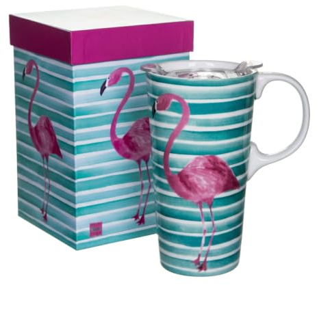 Topadorn 500ml Ceramic Travel Mug, Flamingo Design | Spill Proof Coffee Tumbler, Microwave & Dishwasher Safe, with Matching Gift Box for Home Office & Gifting