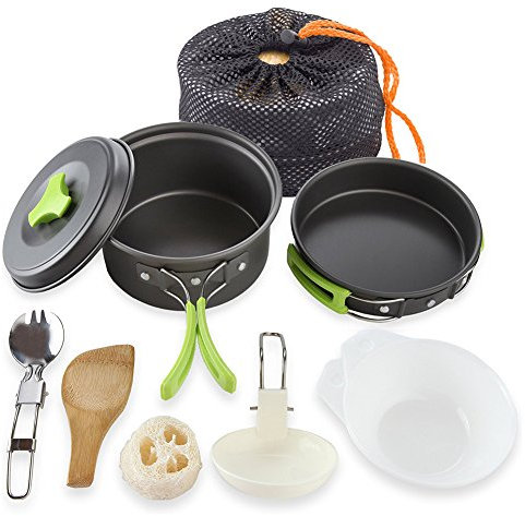 PANOEAGLE Camping Cookware Set for 1 to 2 Persons Portable Campfire Cook Kit 10 PCS Bowls Utensil Pot Pan Set (GREEN)