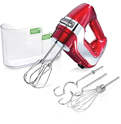 Hamilton Beach Professional 5-Speed Electric Hand Mixer with High-Performance DC Motor, Slow Start, Snap-On Storage Case, Stainless Steel Beaters, Dough Hooks & Whisk, Red and Chrome (62653)