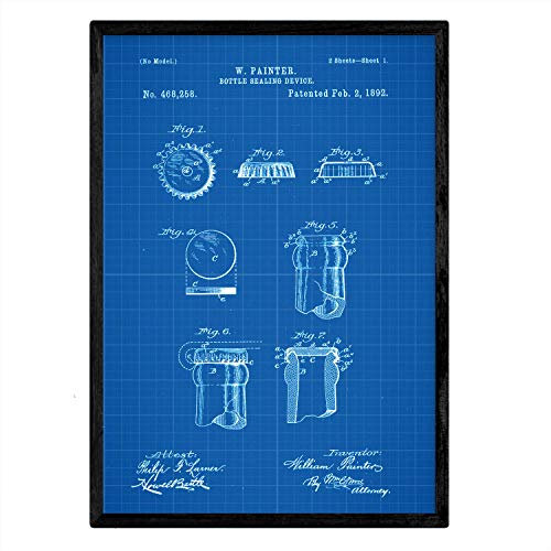 Nacnic Poster Patent Kronkorken. Blatt mit altem Design-Patent A3-Format mit blauem Hintergrund