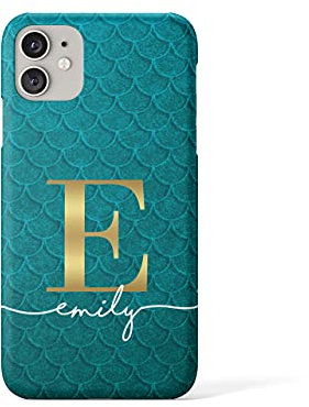Tirita Personalised Initials Custom Hard Phone Case Compatible with iPhone 11 PRINTED GLITTER, NOT REAL GLITTER Mermaid Tail Skin Scales Petrol Green Tiles