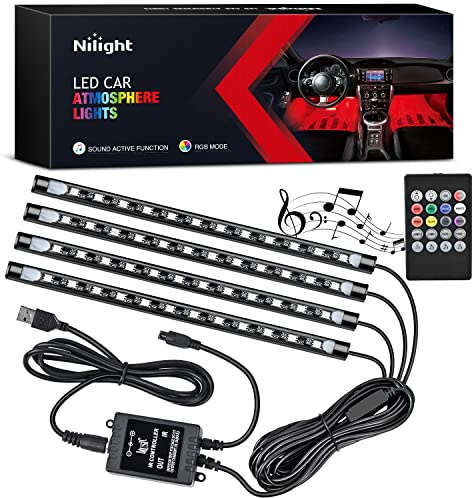 Nilight 48 LEDs DC 5V Multicolor Music Car Strip Light Under Dash Lighting Kit with Sound Active Function and Wireless Remote Control, 2 Years Warranty, 4PCS USB Interior Lights