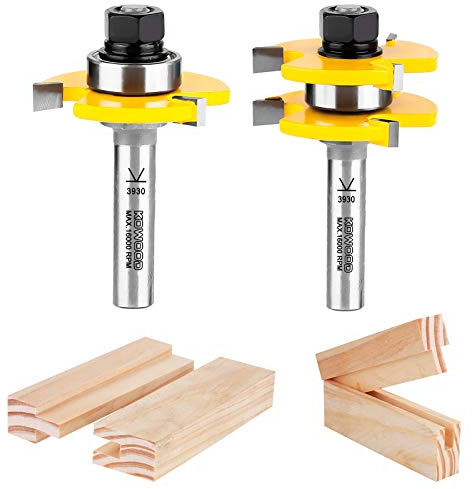 KOWOOD Tongue and Groove Set of 2 Pieces 1/2 Inch Shank Router Bit Set 3 Teeth Adjustable T Shape Wood Milling Cutter