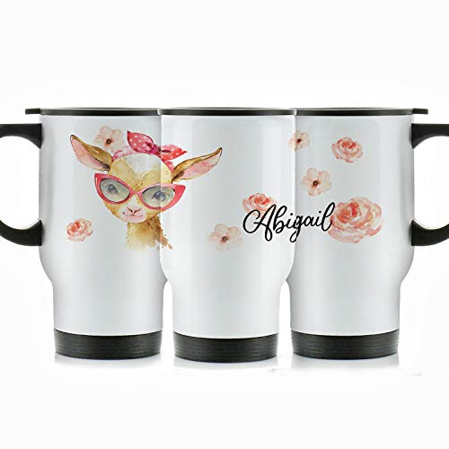 Hairyworm Personalised Travel Mug, 400ml White Stainless Steel Travel Mug with Handle, Customised with Initial/Name, Goat Pink Glasses and Roses Design Print