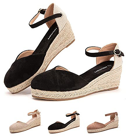 Hitmars Sandalias Mujer Verano Cuña Alpargatas Plataforma Esparto Tacon Medio Alto Espadrilles Punta Cerrada Zapatos Elegantes Negro 36 EU