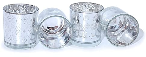 Teelicht-Gläser Set aus Glas inkl. Teelichter - Kleine edle Teelicht Kerzen-Halter mit Verzierungen - Windlichter Kerzenglas - Geschenk Dekoration Hochzeit, Geburtstag, Weihnachten (Silber 4er Set #2)