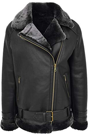 House of Leather Damen Echt Schaffell Jacke Flieger Kreuzen Reißverschluss Biker Stil Lena Schwarze, Silberfarbene Spitze 44