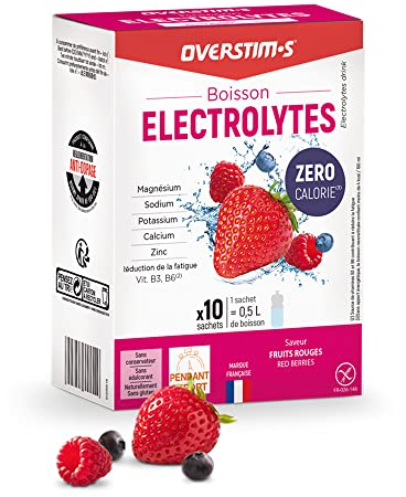 Overstim.s - Boisson Electrolytes (10 Sachets) - Zéro Calorie – 4 électrolytes (Sodium, Calcium, Magnésium, Potassium) -5 Vitamines (B1, B2, B3, B6, C) - Fruits Rouges