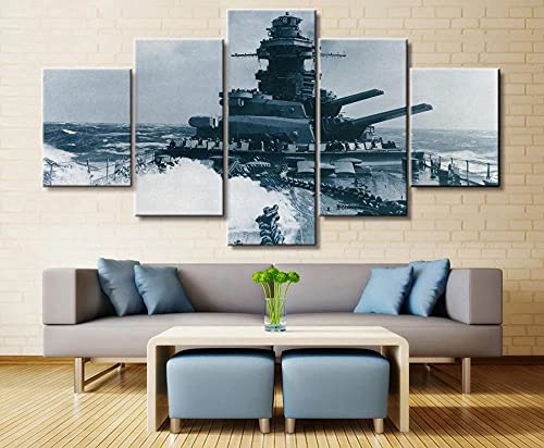 MPPSU Schlachtschiff-Bismarck-Marine-Militär-Leinwand-Bedruckt Wanddekoration Wohnzimmer Leinwandbild Jugendzimmer Poster Set Modern 5 Teiliges Wandbild Bedroom Decor XXL Bilder Mit Rahmen 100 * 50cm
