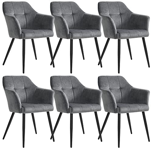 SONGMICS Esszimmerstühle, 6er Set, Sessel, Loungesessel, mit Armlehne, hohe Rückenlehne, Metallbeine, Bezug aus Samt, bis 110 kg belastbar, für Esszimmer, Küche, Wohnzimmer, grau LDC071G01-6