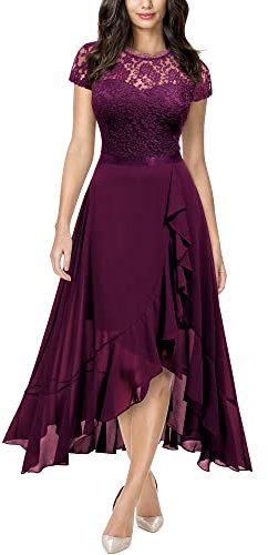 MIUSOL Women's Elegant Floral Lace Ruffle Evening Formal Wedding Guest Party Maxi Dress (Large, Magenta)