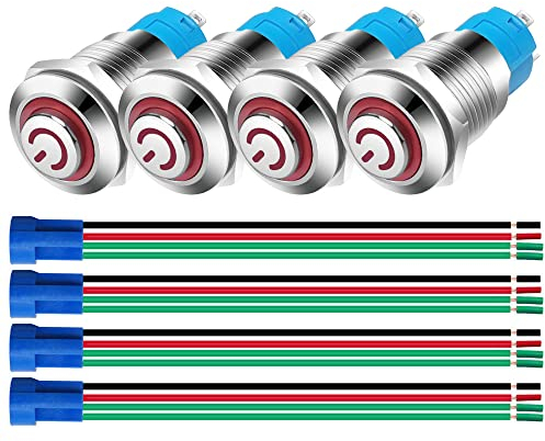 Gebildet 4piezas 12mm NO Acero Inoxidable Autoblocante Interruptor de Botón Pulsador 3V-5V-6V-7.5V-9V-12V/3A LED SPST Interruptor de Palanca a Prueba de Agua con Enchufe de Cable (Rojo)