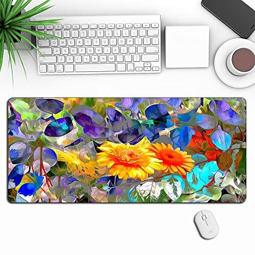Mousepad XXL Sonnenblumen-Flieder-Gelb Mousepad Rutschfester Gummibasis Mouse Pad Verschleißfest Vernähte Kanten Gaming Mauspad Verbessert Geschwindigkeit Und Präzision Maus Pad 400x900x3mm