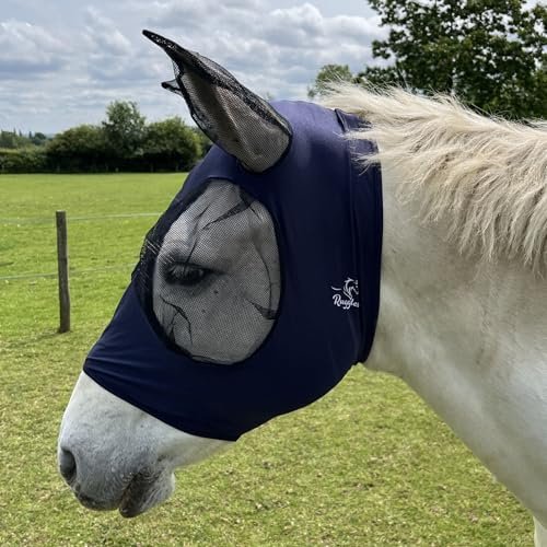 Ruggles Pull On Lycra Fly Mask for Horse And Pony | Mesh Eyes and Ears | 4 Way Stretch for Ultra Comfort No Buckles or Straps (XS, Navy)