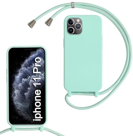 MBSLFY Lanyard Case for iPhone 11 Pro, Liquid Silicone Protective Phone Case with Strap Adjustable Neck Cord Necklace Soft Cover for iPhone 11 Pro, Mint green