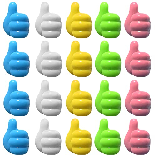 AWAVM 20 PACK Self Adhesive Hooks, Thumb Wall Hooks Stick on Bathroom Cable Holder, Organiser, Tidy Clips for Home, Office, Desk, Car, Gift Idea (Thumb hook - 20)