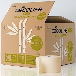 oecolife Toilettenpapier Box BAMBUS, 3-lagig, 27 Rollen á 250 Blatt, Großpackung, superweich, plastikfrei verpackt, veganes Produkt, nachhaltiges Klopapier