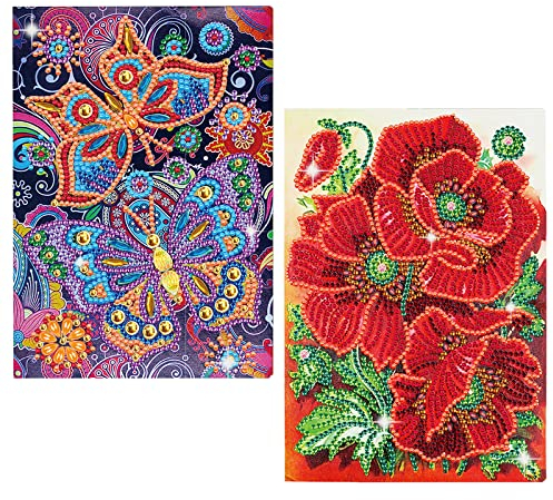 DCIDBEI Diamond Painting Notizbuch 2er Set A5 Notizbücher Tagebuch Journal Buch Diamond Painting Skizzenbuch A5 Blanko Diamant Painting Notizbuch Mohn Schmetterling Schreibblock Erwachsene