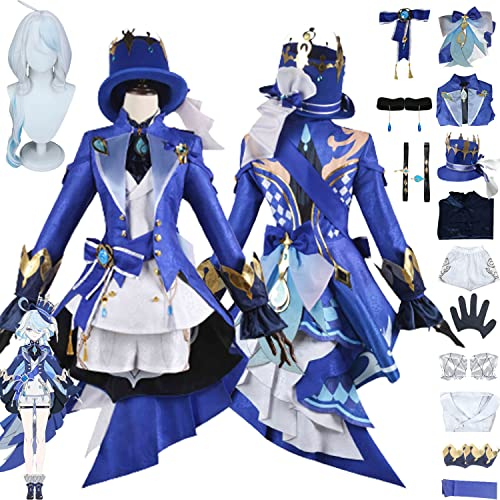 Tjmiaohao Genshin Impact Focalors Cosplay Kostüm Outfit Spielfiguren Layla Raiden Shogun Blaue Uniform Full Set Halloween Party Dress Up Anzug mit Hut Perücke für Frauen Mädchen (XXL)