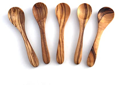 Lot de 5 mini cuillères en bois d'olivier 9 cm de long - Cuillères à sel - Cuillères doseuses - Cuillères à caviar - Fabriquées à la main - Qualité supérieure