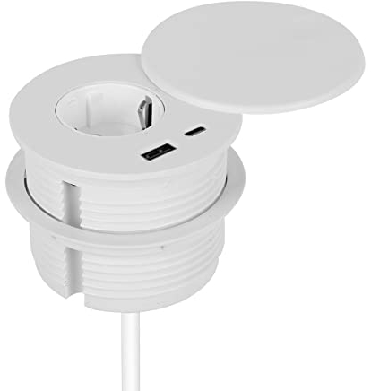 Einbausteckdose mit Abdeckung,Tischsteckdose mit 1 Schuko & 1 USB-A Anschluss & 1 USB-C Anschluss und 1,5m Netzkabel,Steckdosen für 80mm Tischloch