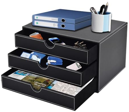 XNONE Caja de almacenamiento de escritorio para escritorio de casa con 3 compartimentos cerrados A4 de piel sintética, organizador de joyas, organizador de cosméticos, apertura en forma de U, costuras