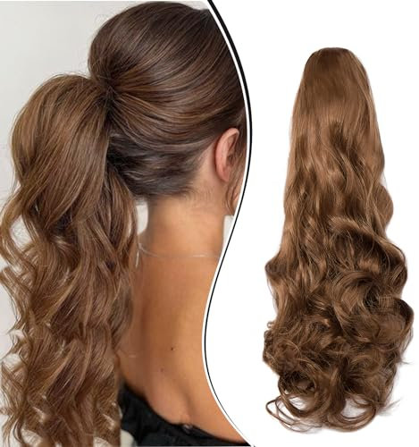 Dcbaboo Pferdeschwanz Haarteil Zopf Extension mit Klammer Wellige Lang Ponytail Extensions Haarverlängerung Clip Synthetik Gewellte Pferdeschwanz Haarextension Zopf, 45cm Goldbraun