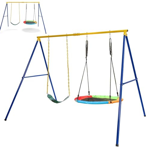 Maxmass Kids Swing Set, Metal Swing Frame with Nest Swing & Belt Swing, Outdoor Kids Swing Playset for Garden Playground (Yellow Swing Frame and 2 Swings)