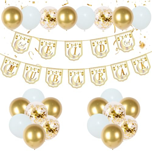 Weiß und Gold Eid Mubarak Decoration Ballons set, Eid Mubarak Banner und 70 Stück Weiß und Gold Ballon, Eid Mubarak Girlande für Ramadan Decoration 2025, Aid Mubarak, Ramadan und Eid Mubarak Feiern.