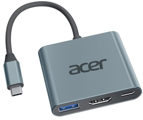 Acer USB C Hub, 3 in 1 Type C to HDMI Multiport Adapter with 4K HDMI, 5Gbps USB 3.0 & PD 100W Charging for USB-C Phones, Tablets, iPad Pro, MacBook Pro, Acer Laptops, Dell XPS, Galaxy S24 Ultra -Grey