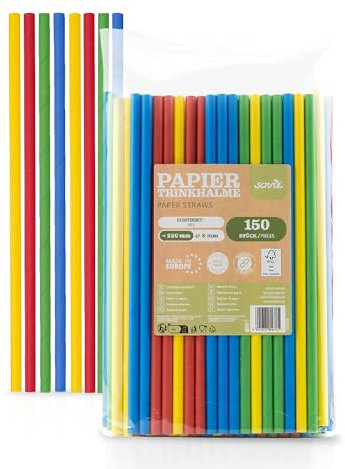 Mank Umweltfreundliche Papiertrinkhalme, Jumbo Papierstrohhalme für Partys & Hochzeiten, in recycelbarem Folienbeutel, Strohhalme (150, Gelb, Rot, Grün, Blau, Ø 8 mm / 25 cm)