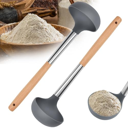 DIKEBAO Lot de 2 Louches à Soupe Résistantes à la Chaleur, Louche à Sauce en Silicone avec Poignées en Acier Inoxydable et Bois, Grande Cuillère à Sauce de 8,5 cm, Louche de Cuisine Commerciale