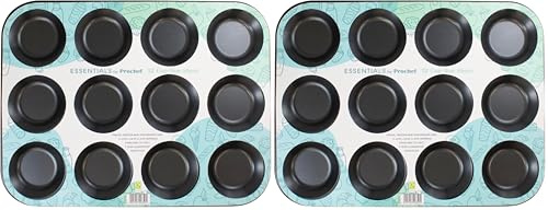 Prochef Everyday Baking KB1038 Non-Stick Premium Coated 12 Cup Bunsheet Tray - 31.5cmx24cmx1.2cm, Black (Pack of 2)