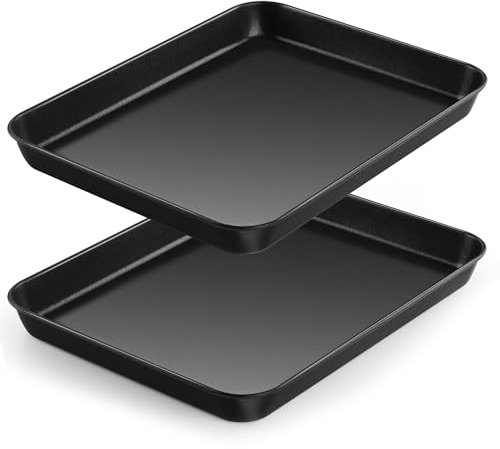 Herogo Non Stick Baking Tray, Carbon Steel Oven Tray Set of 2, Rectangle Small Baking Sheet Pan for Baking Cooking Roasting, Wrap Resistant & Non-Toxic, 26.5x20.5x2.5 cm