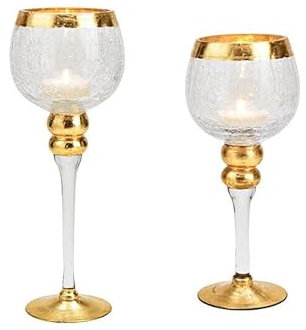 Kelch 2er Set aus Glas crackeliert mit goldfarbenen Rand - Windlicht Kerzenhalter Teelichtglas in 30 und 35 hoch, Glaskelch modern