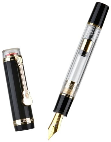 Jinhao 1935 Tiandao Fountain Pen, Size 8 Fine Nib, Golden Guitar Clip, Black and Transparent Acrylic with Converter