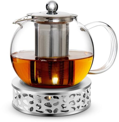 CEWROM Tetera de Cristal con Calentador de Vela - 1.3l - Con Filtro - Apta para Lavavajillas - resistente al calor, juego de tetera de té, tetera de cristal para té suelto, tetera de cristal