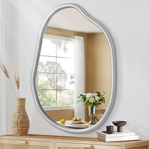 HLFMVWE Asymmetrischer Spiegel für die Wand, Kleiner unregelmäßiger Holzrahmen, moderner einzigartiger Wandspiegel, dekorativ für Badezimmer, Wohnzimmer, Schlafzimmer, Flur 35 x 25CM, Silber