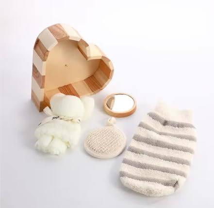 Set Cadeau Spa / Bain 5 Pièces - Coffret en Bois en Forme de Cœur avec Gants en Lin, Gant de Crin en Chanvre, Ours en Serviette et Miroir Rond - Parfait pour Cadeaux Relaxation et Bien