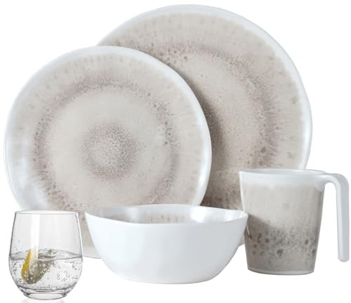 Melamin Camping Geschirr Set 4 Personen Amboss Design 16 Teilig + 4 Gläser Wassergläser Tafelgeschirr Picknick BBQ Kochgeschirr