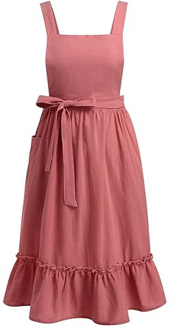 Odizli Kochschürze Damen Vintage Retro Rüsche Leinen Baumwolle Koch Schürze Frauen Küchenschürze Kittelschürze Rot Einheitsgröße