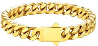 U7 Men Cuban Chain Bracelet, 9mm Wide, 23cm Length, Gold Heavy Wrist Chains, Stainless Steel Sturdy Curb Link, Mens Hip Hop Jewellery, Bracelets Gift for Dad Father
