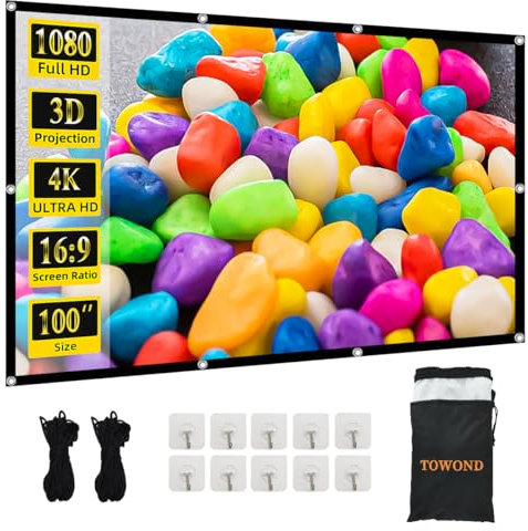 TOWOND 100 Zoll 4K Projektionswand, 16:9 HD Faltbare tragbare Projektionswand für den Innen- und Außenbereich, Heimkino, Party, Büro, Klassenzimmer