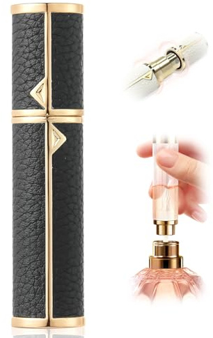 ASADAYS Atomizador magnético de perfume de cuero de lujo de 8 ml, botella de spray recargable con recarga de 5 segundos y retención de aroma de 3 a 5 días, ultra portátil para bolsos (JT-negro-8 ml)