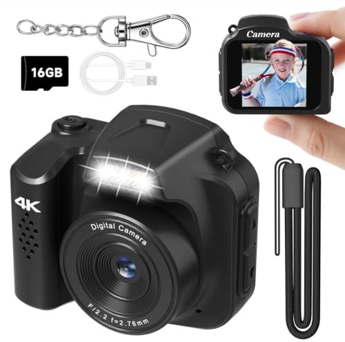 Mini Keychain Camera 4K 64MP Vintage Digital Camera,Pocket Retro Nostalgia Video Camera with LED Light and 16G Micro SD Card, Suitable for Teenagers, Adults, Kids, and Photography Beginners Black