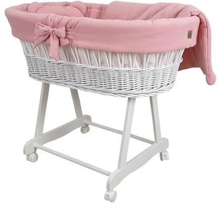 Wiklinopol Couffin Bébé Amelia en Osier avec Support et Matelas – Berceau à roulettes en Blanc – Ensemble 4 Pièces de Linge en Mousseline Rose – Portable et Idéal pour Nouveau-Né