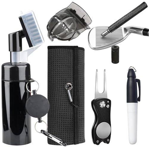 Tel Charme * Golf Club Cleaning Kit with Retractable Brush, Built-In Water Spray (150ml), Microfiber Towel, Divot Tool, Groove Sharpener, Ball Line Marker Pen - Efficient Golf Accessories Set for Men
