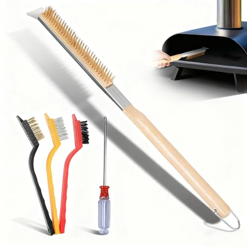 Pizza Oven Brush, 66 cm Pizza Stone Cleaning Brush with Stone Scraper Wood Handle Pizza Oven Tools with Screwdriver and Small Brush for Ovens Cleaning